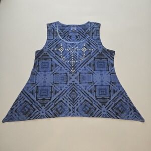 Ransom Blue Embellished Tank Top XL Boho Tribal Print Studded Flowy Sleeveless